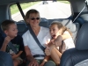 Jean and kids in van
